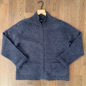 Eileen Fisher Boiled Wool Stand Collar Zip Front Sweater Jacket Blue Medium